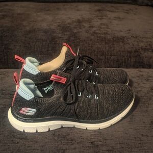 Skechers Black Knit Slip-On Sneakers with Light Blue & Coral Accents